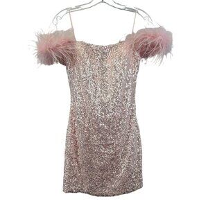 Alyce Paris 4498 Sequined Fitted Mini Dress Off Shoulder Feathers Pink Sz 4 New